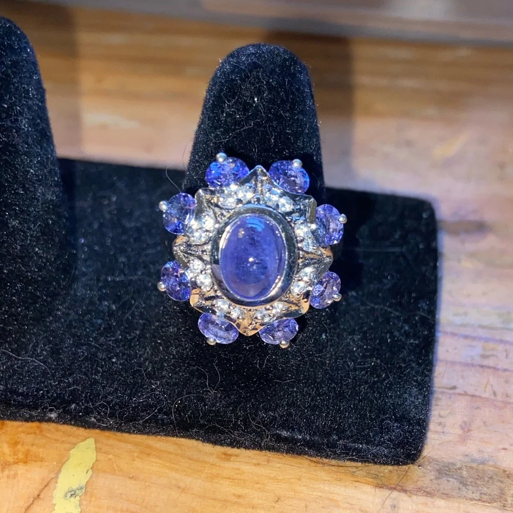 Sterling 925 Cabochon Tanzanite & Diamond Statement Cocktail Ring Size 7 - Picture 14 of 14
